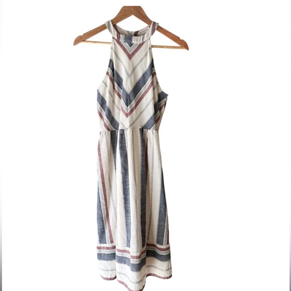 Blu Pepper 100% Cotton Dress Halter Style Midi Lined M Stripes Chevron